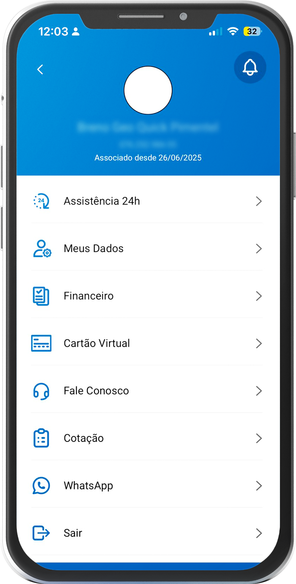 Tela de menu do app Mobili com assistência, financeiro e WhatsApp